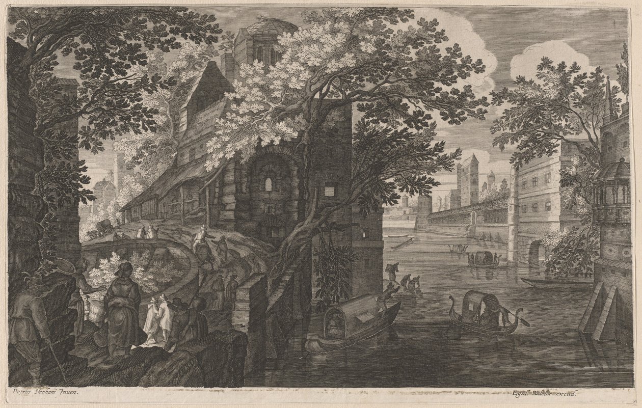 Gondels op een rivier bij een paleis door Aegidius Sadeler II after Pieter Stevens