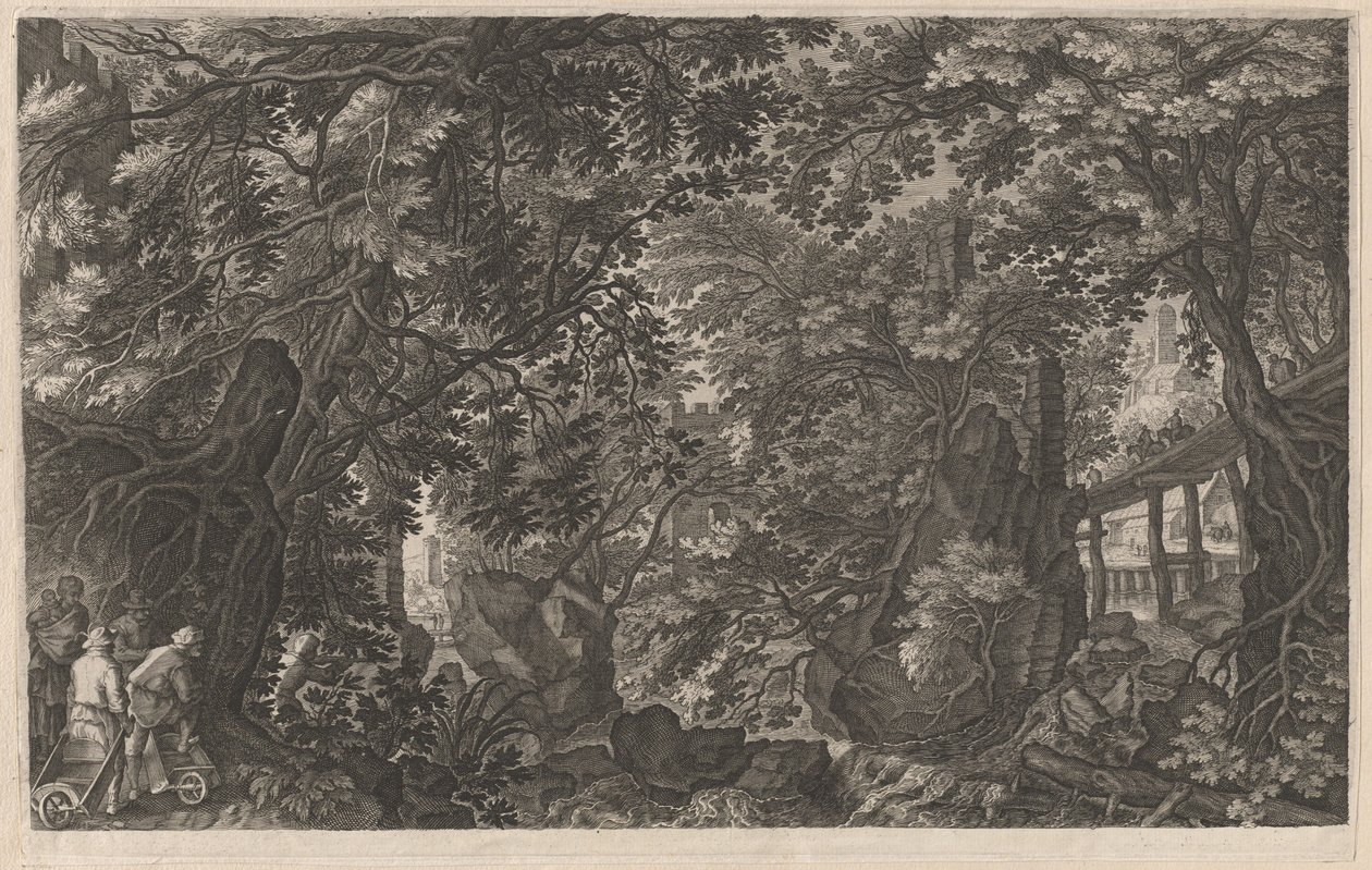 Jagers in een bos bij een houten brug door Aegidius Sadeler II after Pieter Stevens