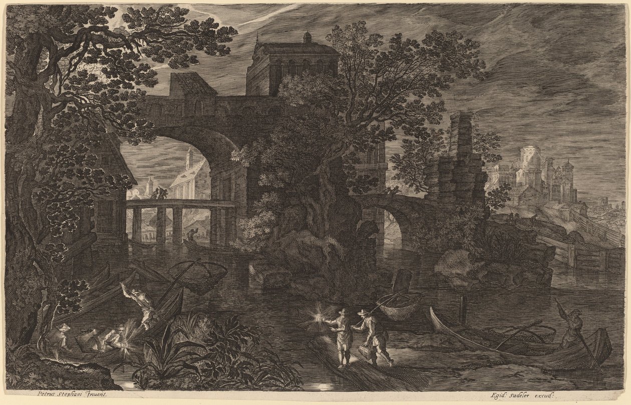 Nachtelijk landschap met rivier vissers buiten de stadsmuren door Aegidius Sadeler II after Pieter Stevens