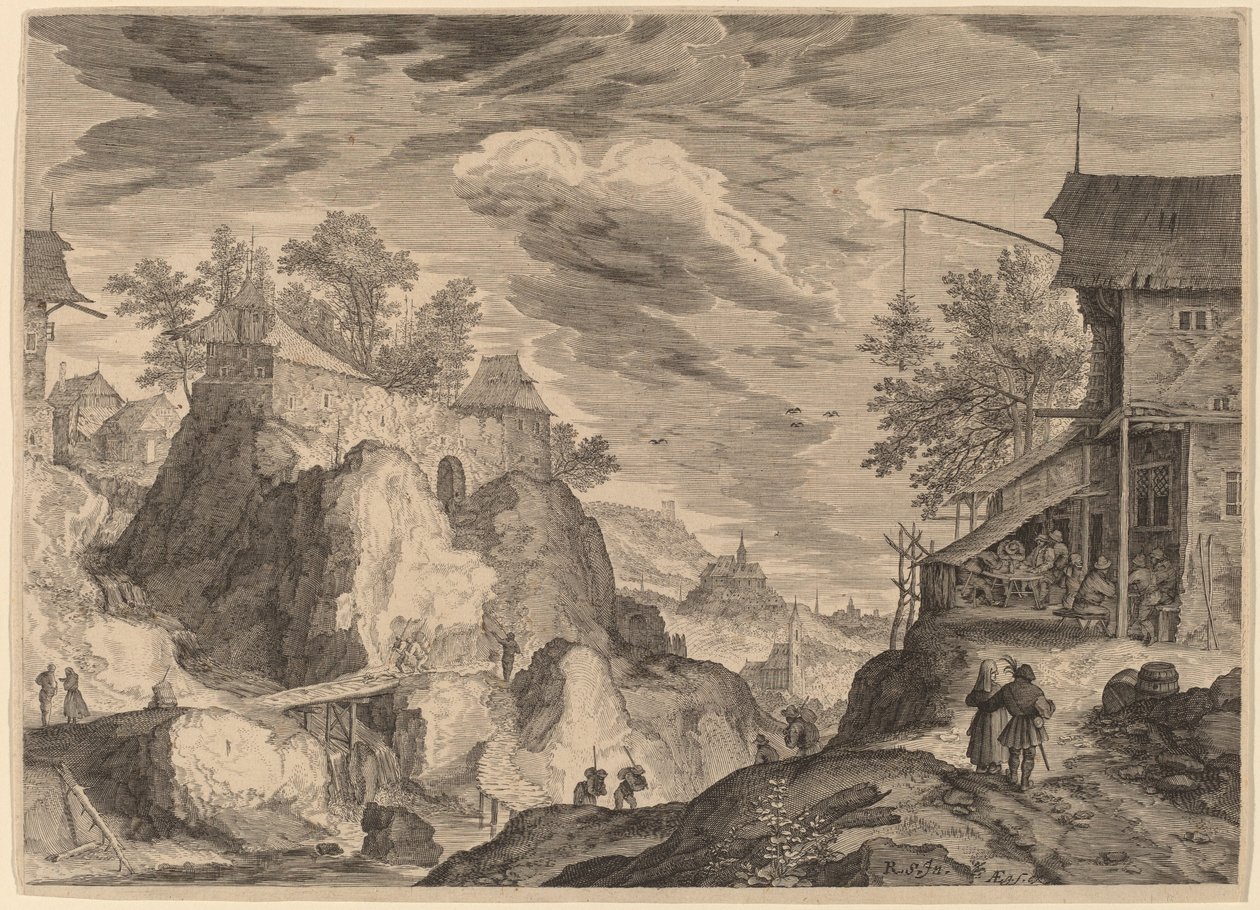 Landschap met een Herberg Rechts en een Huis op Rotsen Links door Aegidius Sadeler II after Roelandt Savery