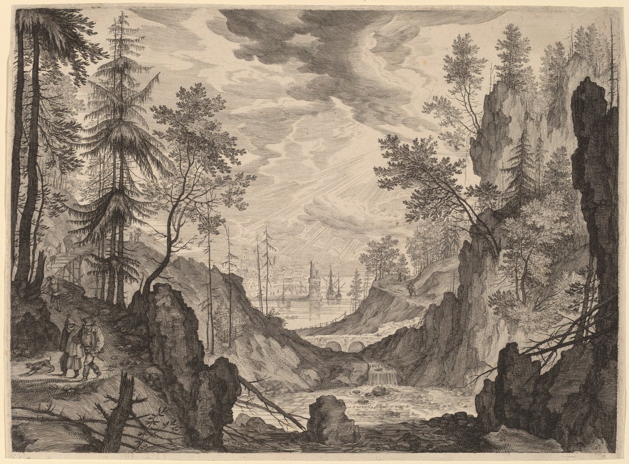 Boslandschap met een Waterval door Aegidius Sadeler II after Roelandt Savery