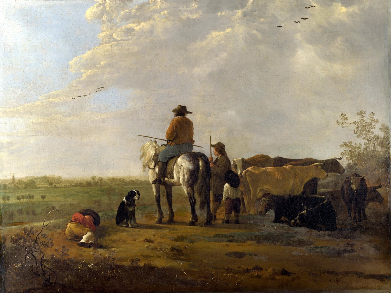 Een landschap met ruiter, herders en vee door Aelbert Cuyp