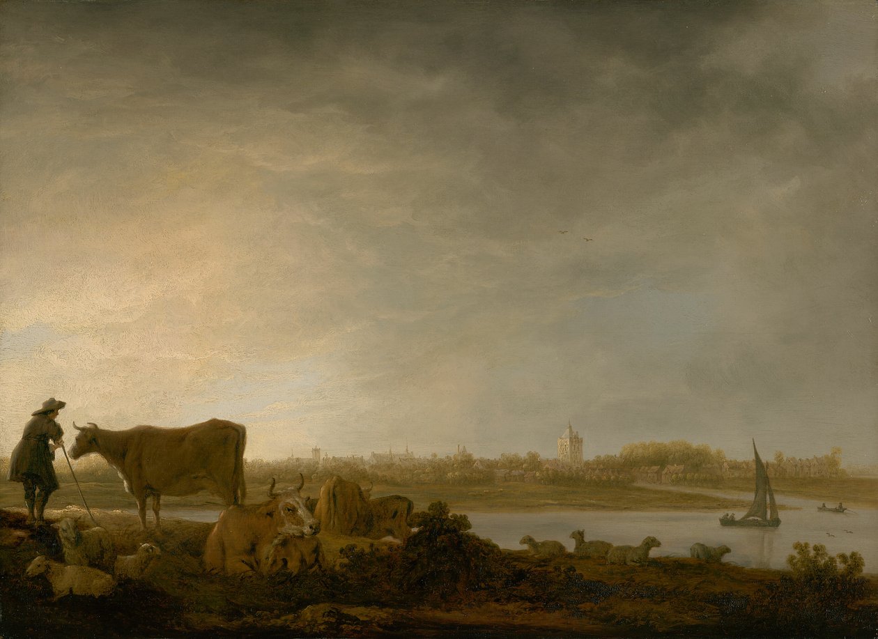 Gezicht op Vianen met een herder en vee bij een rivier door Aelbert Cuyp