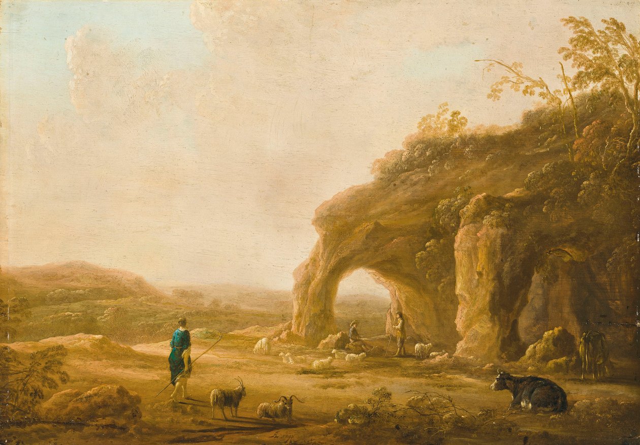 Een Italianiserend landschap met herders bij een grot door Aelbert Cuyp