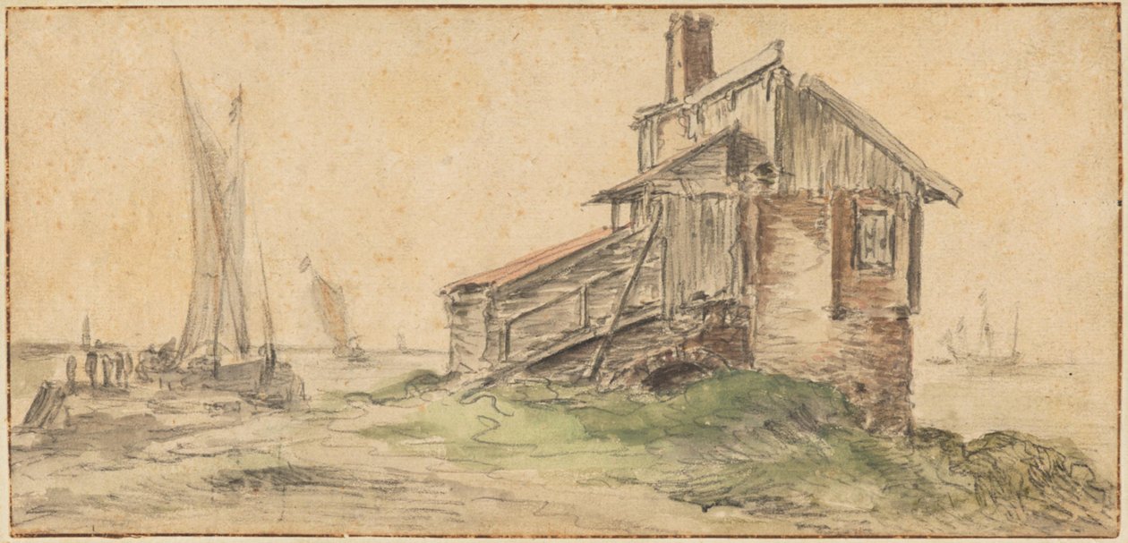 Een gebouw aan het water door Aelbert Cuyp