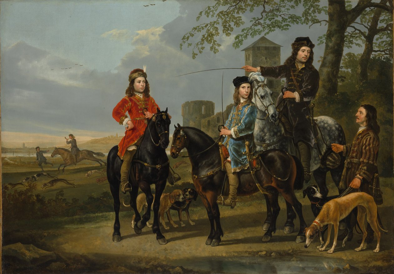 Ruitersportret van Cornelis (1639–1680) en Michiel Pompe van Meerdervoort (1638–1653) met hun leraar en koetsier door Aelbert Cuyp