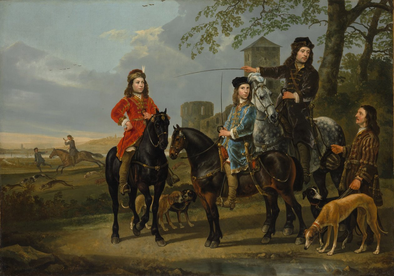 Ruiterportret van Cornelis en Michiel Pompe van Meerdervoort met hun Leraar en Koetsier, Vertrekkend voor de Jacht, c.1652-53 door Aelbert Cuyp