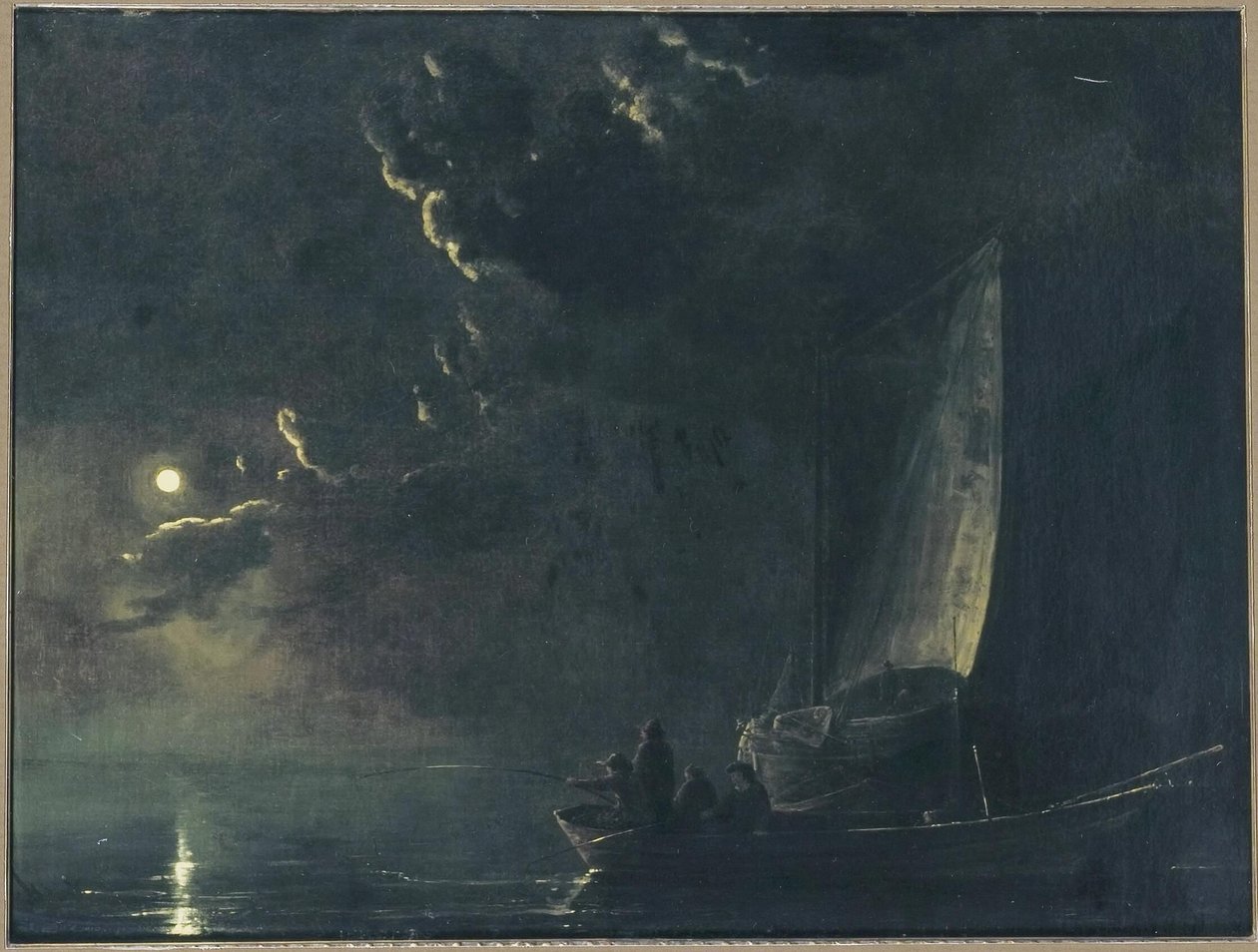 Duits: maanlandschap, op de voorgrond een vissersboot met vissers Vissers bij maanlicht door Aelbert Cuyp