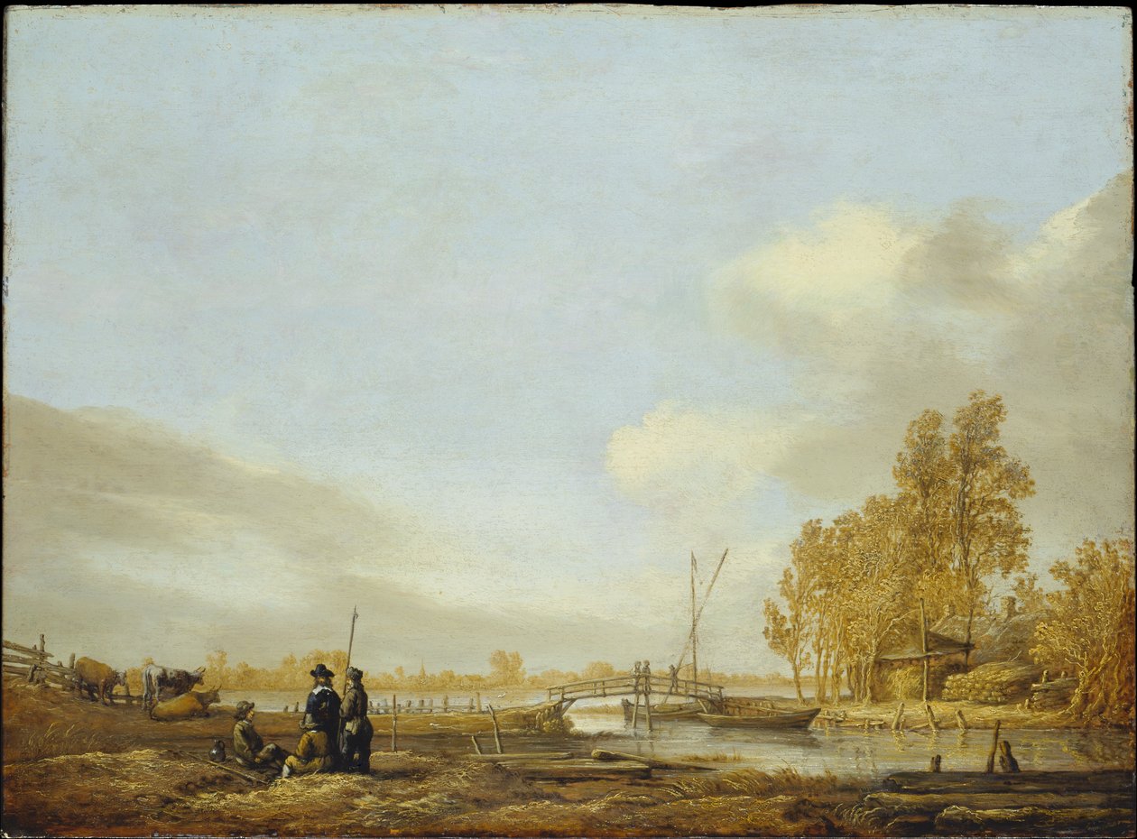 Rivierlandschap met voetbrug door Aelbert Cuyp