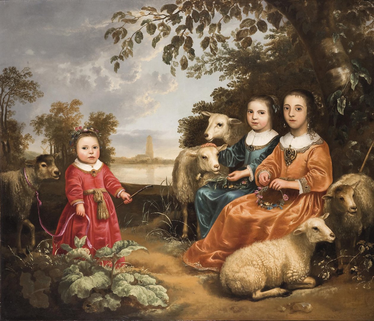 Drie meisjes met schapen in een landschap door Aelbert Cuyp