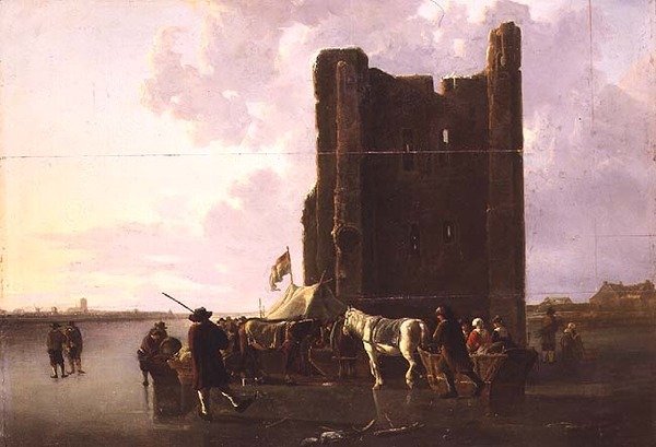 Stadsbewoners met sleeën op de bevroren Maas bij het Huis te Merwede door Aelbert Cuyp