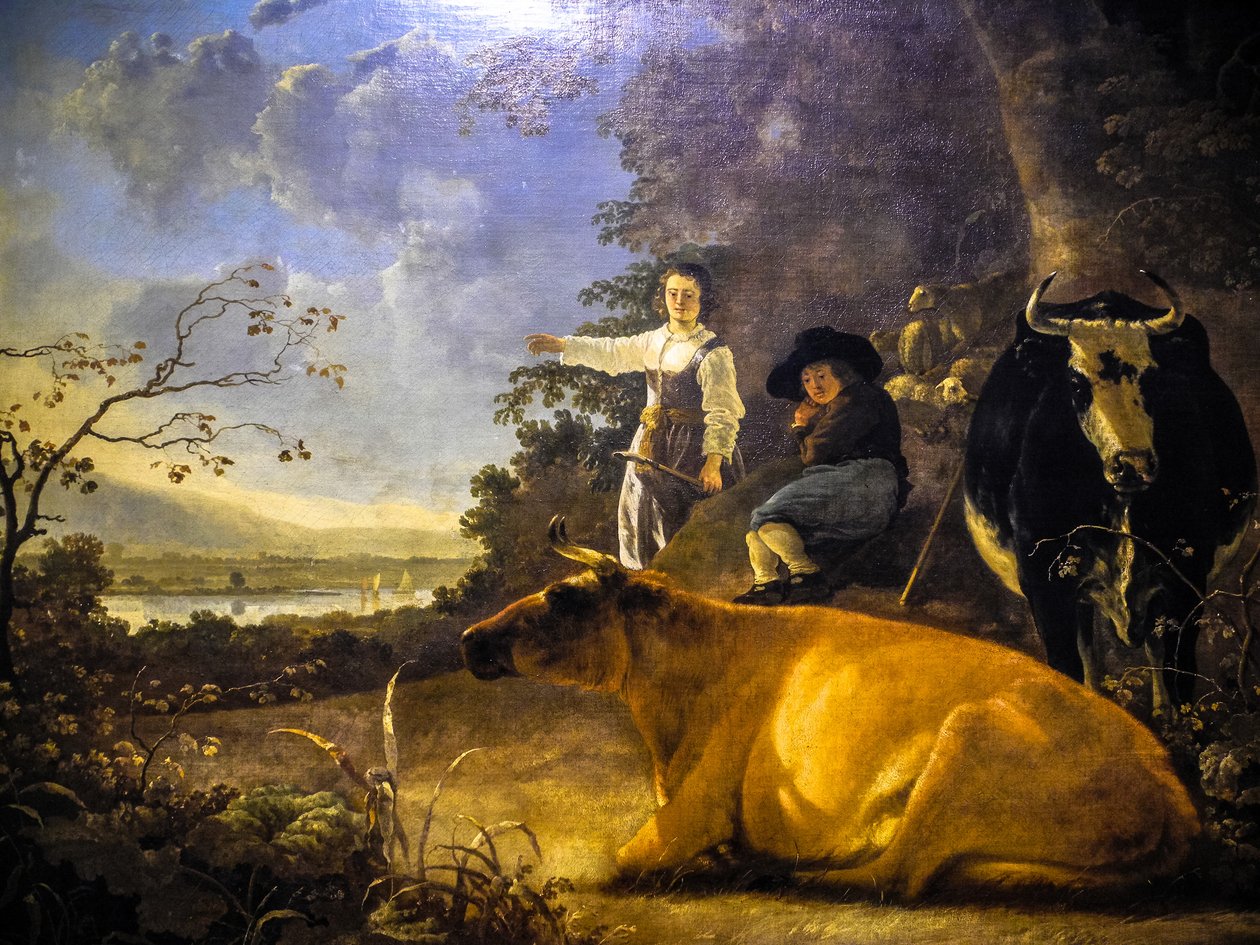 Twee koeien met een herder en herderin door Aelbert Cuyp