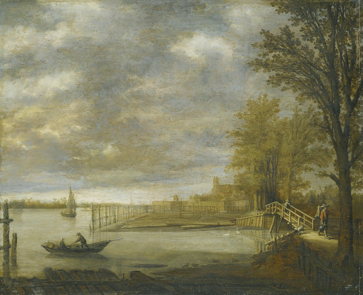 Gezicht op Dordrecht vanuit het zuiden, op de voorgrond de houthandelaren door Aelbert Cuyp