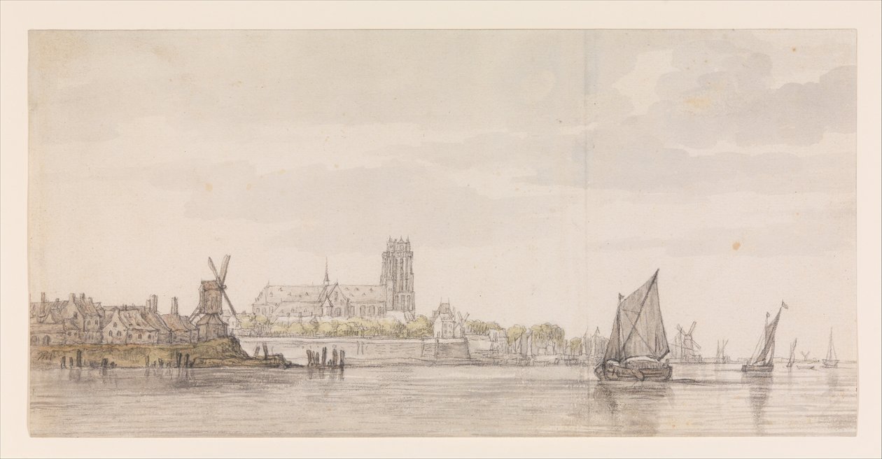 Gezicht op de Groote Kerk in Dordrecht vanaf de Maas door Aelbert Cuyp