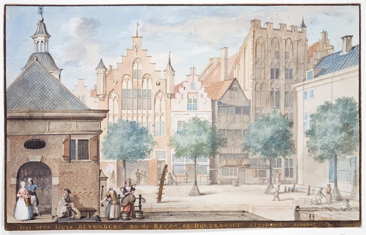 Een uitzicht op de Wijnstraat, Dordrecht 1745 door Aert Schouman