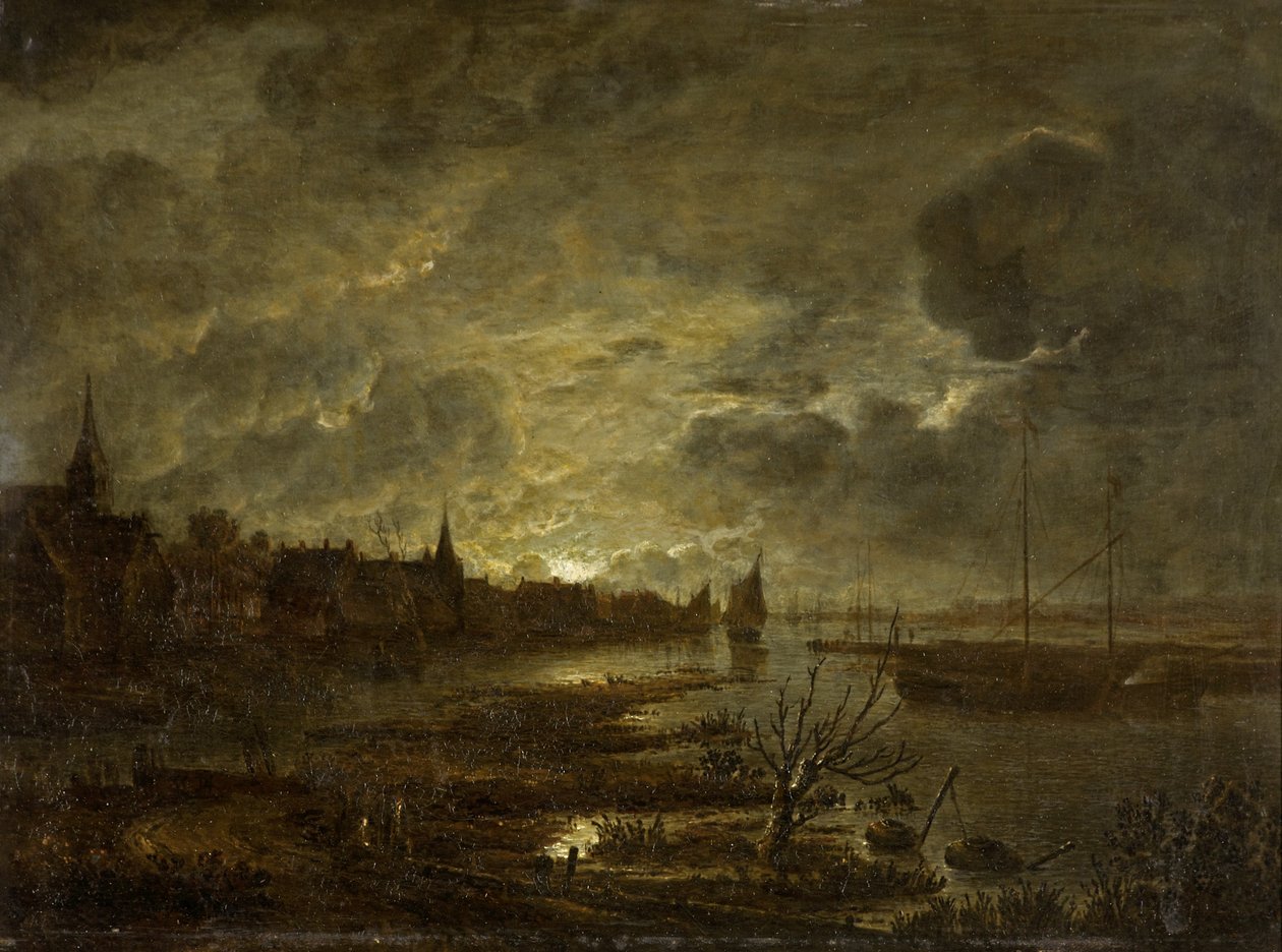 Een Dorp aan een Rivier bij Maanlicht door Aert van der Neer