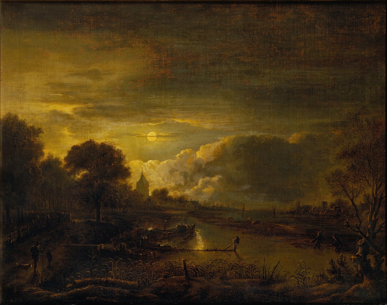 Rivierscène bij maanlicht door Aert van der Neer