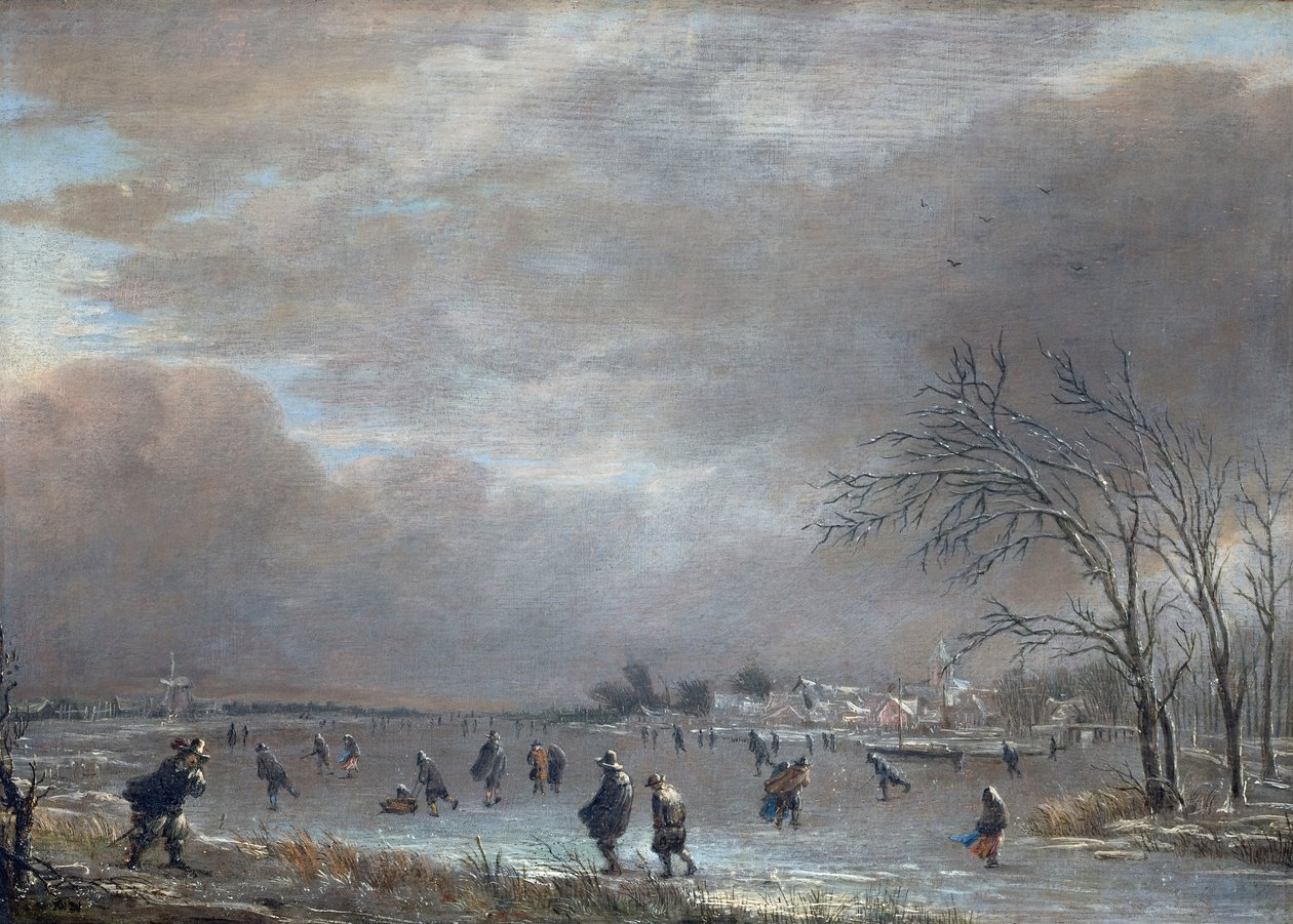 Winterlandschap met schaatsers op een bevroren rivier door Aert van der Neer