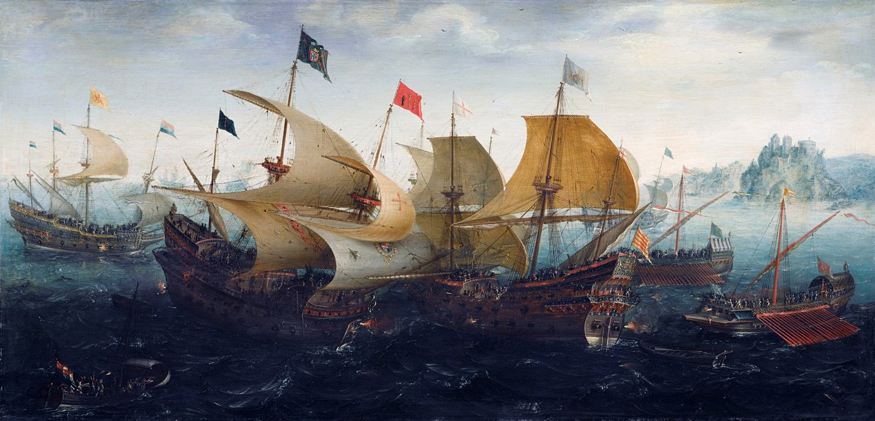 De Slag bij Cádiz (Nederlandse en Engelse schepen vallen de Spaanse Armada aan) door Aert Anthoniszoon