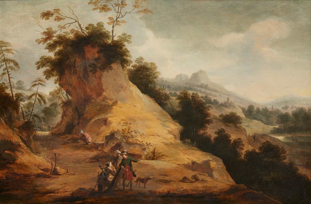 Rotsachtig landschap met jagers in oosterse klederdracht, converserend op een rotspad door Aert Jansz Marienhof