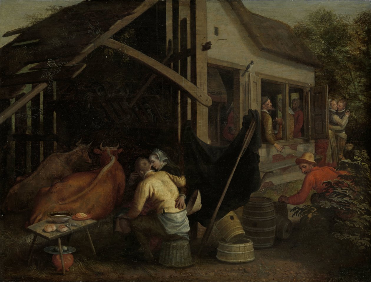 Stellen die Liefde bedrijven in een Herberg op het Platteland door Aert Pietersz. (attributed to)