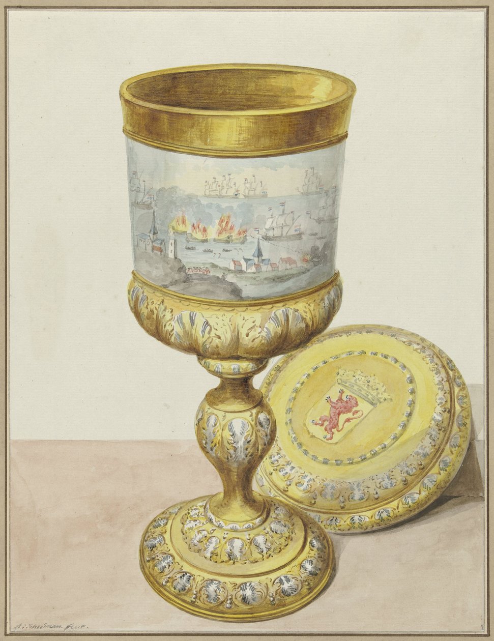 Gouden beker met deksel, geschonken aan Cornelis de Witt ter gelegenheid van de Tocht naar Chatham, 1667 door Aert Schouman (signed by artist)