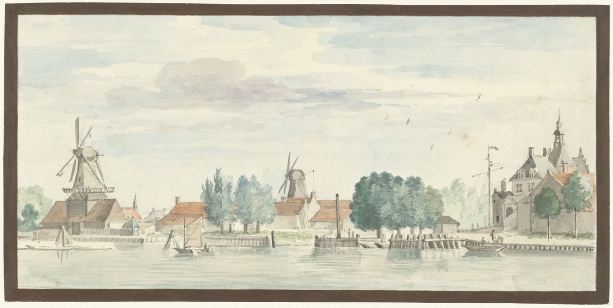 Gezicht op Dordrecht met de Rietdijkspoort en windmolens door Aert Schouman