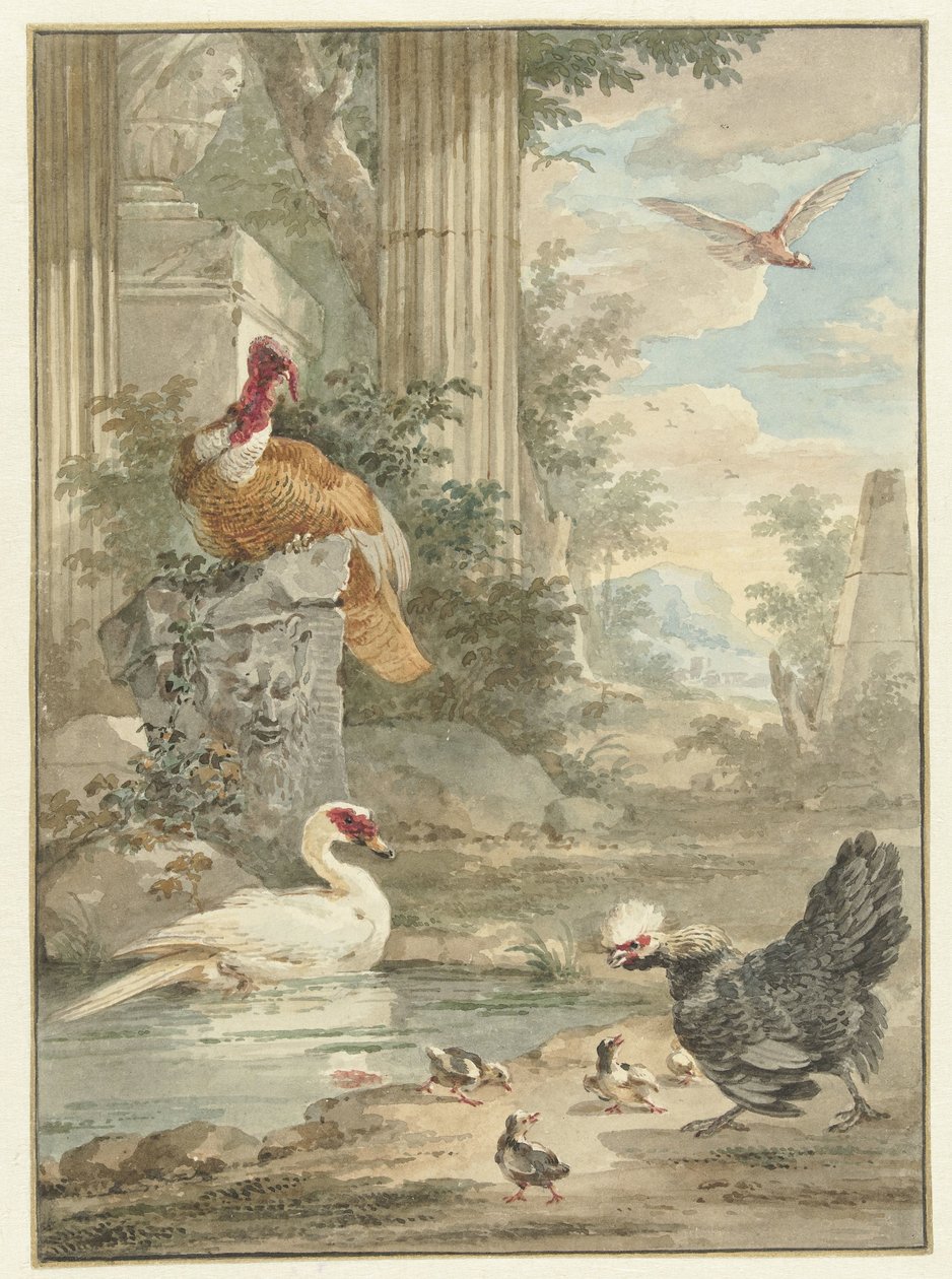 Kalkoen en andere vogels bij klassieke ruïnes in een park door Aert Schouman