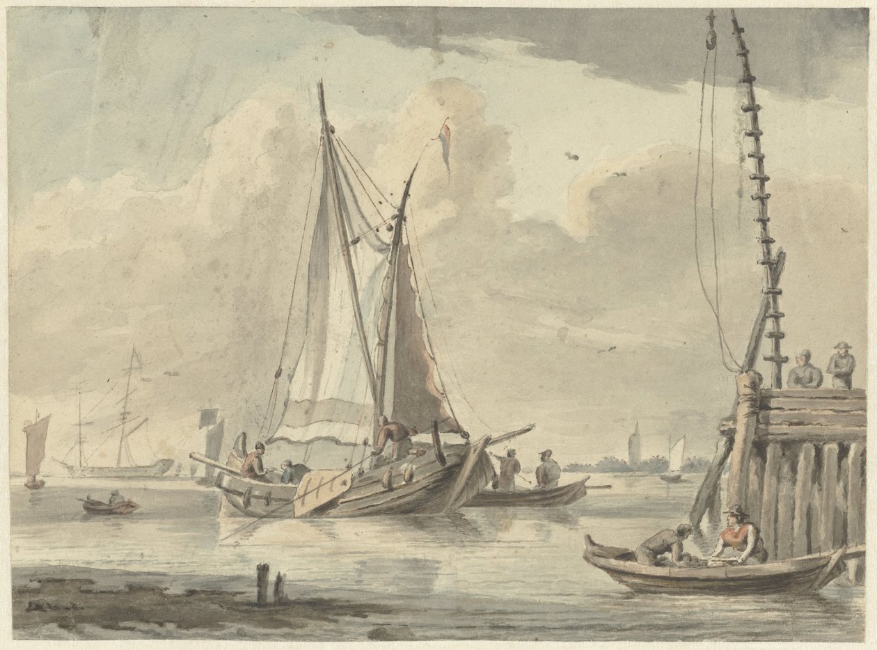 Zeilschepen op de rivier bij Dordrecht door Aert Schouman