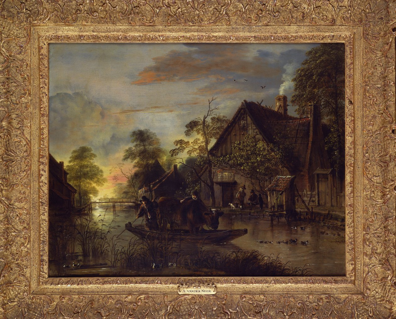 Een rivierlandschap met boeren die een stier overzetten, boeren bij een huisje verderop door Aert van der Neer
