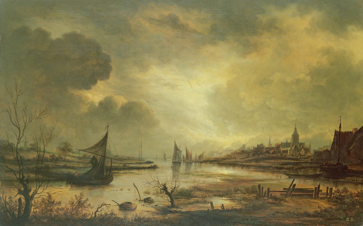 Nederlandse stad aan een rivier bij maanlicht door Aert van der Neer