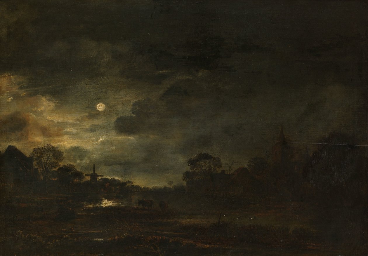 Landschap bij maanlicht door Aert van der Neer
