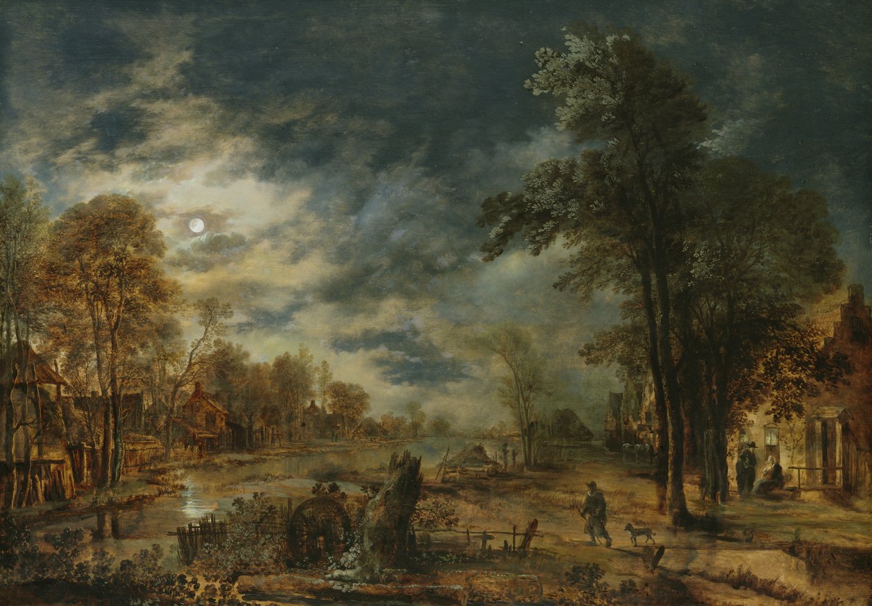 Maanverlicht Landschap met een Dorp door Aert van der Neer