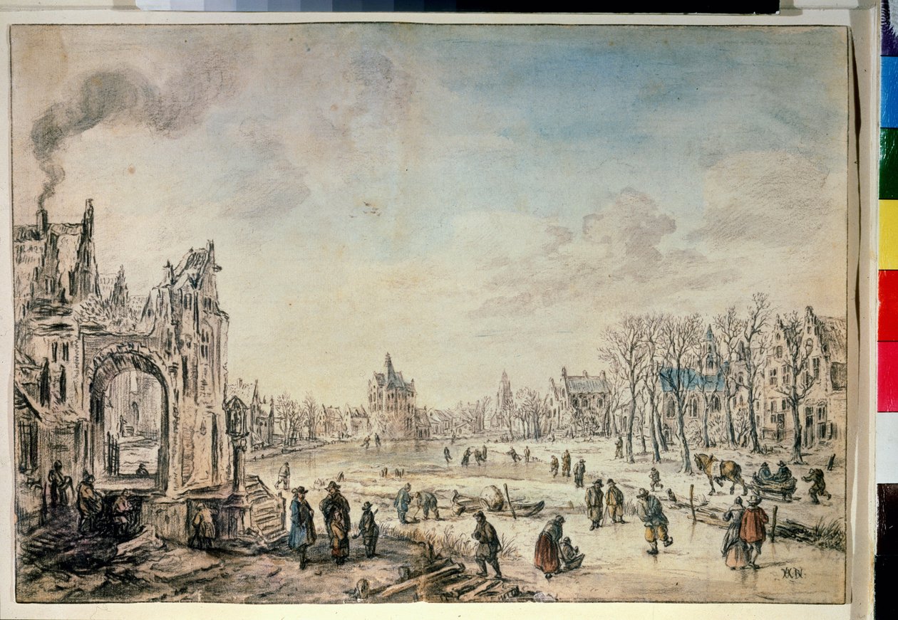 Winterlandschap met schaatsers door Aert van der Neer