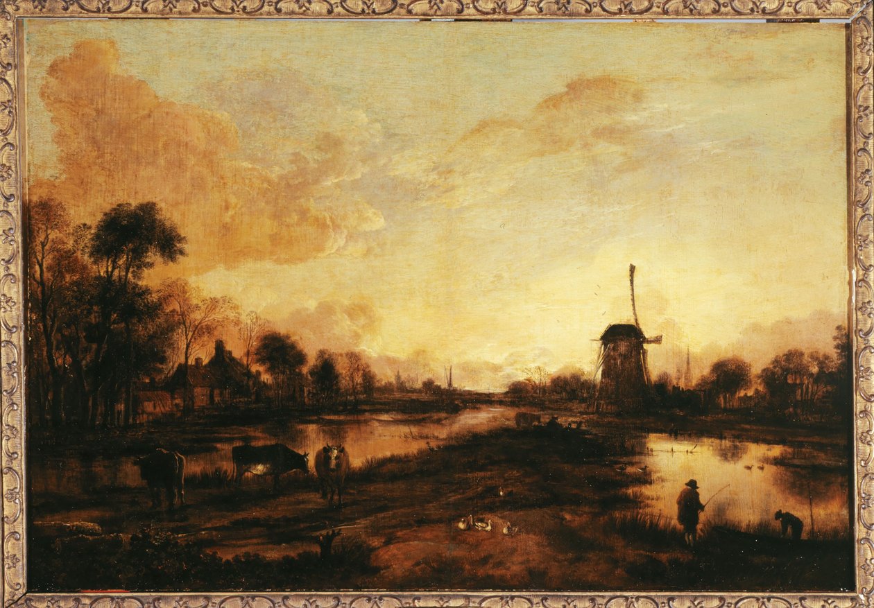 Zonsondergang op de IJssel door Aert van der Neer