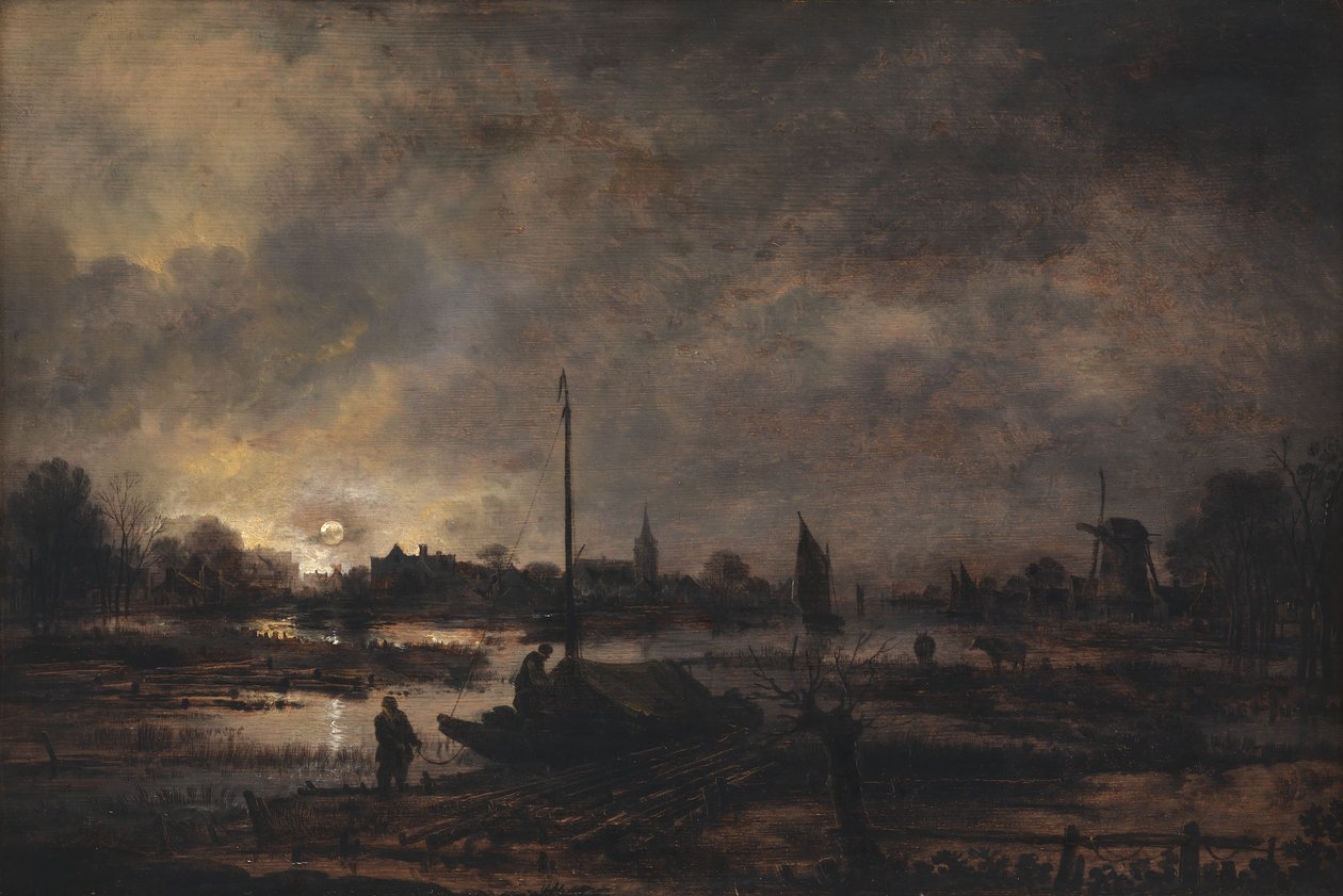 De maan die opkomt boven een dorp door Aert van der Neer