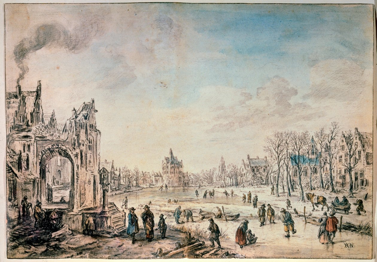Winterlandschap met schaatsers, Nederlandse schilderij uit de 17e eeuw door Aert van der Neer
