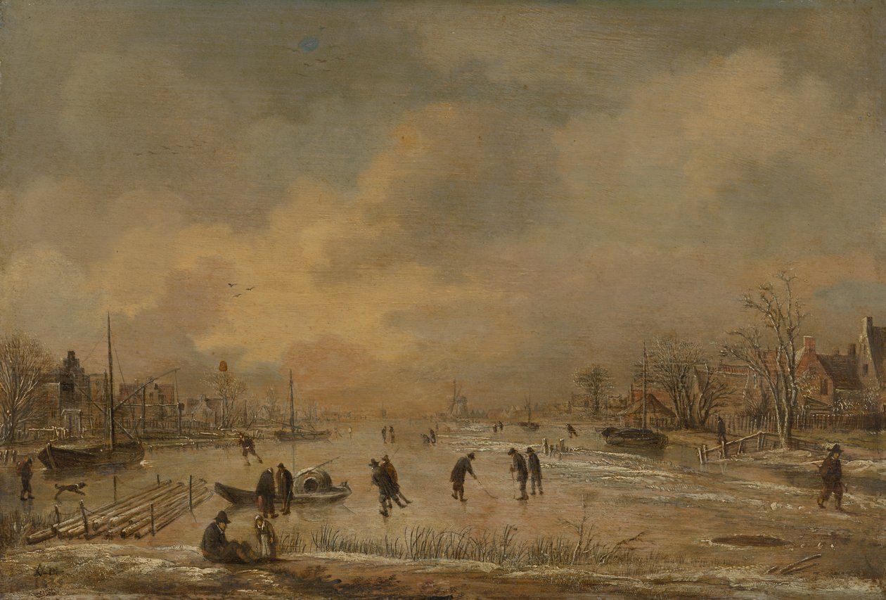 Winterlandschap met huizen door Aert van der Neer