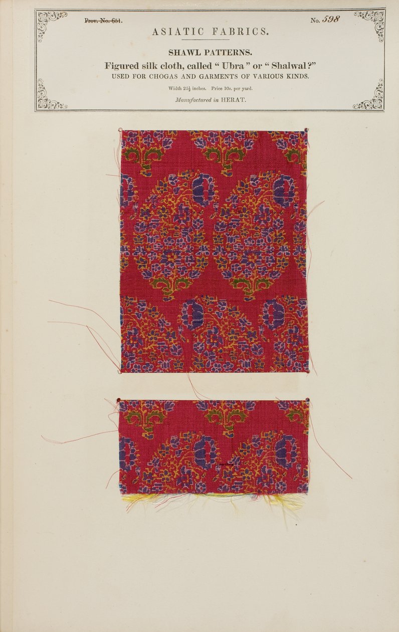 Geweven zijden doekmonster gemaakt in Herat, uit De Collectie van de Textielfabrikanten van India, door John Forbes Watson, gepubliceerd in 1866 door Afghan School