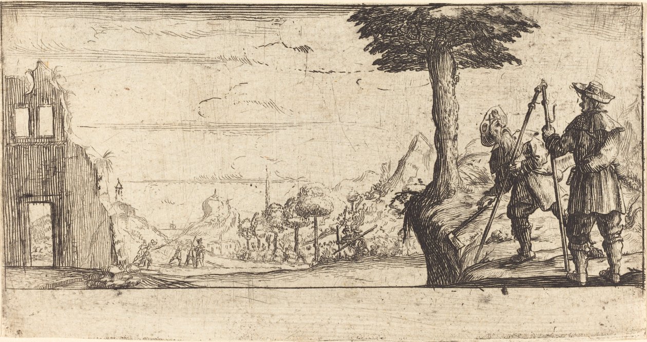 Landschap met twee pelgrims door After Jacques Callot