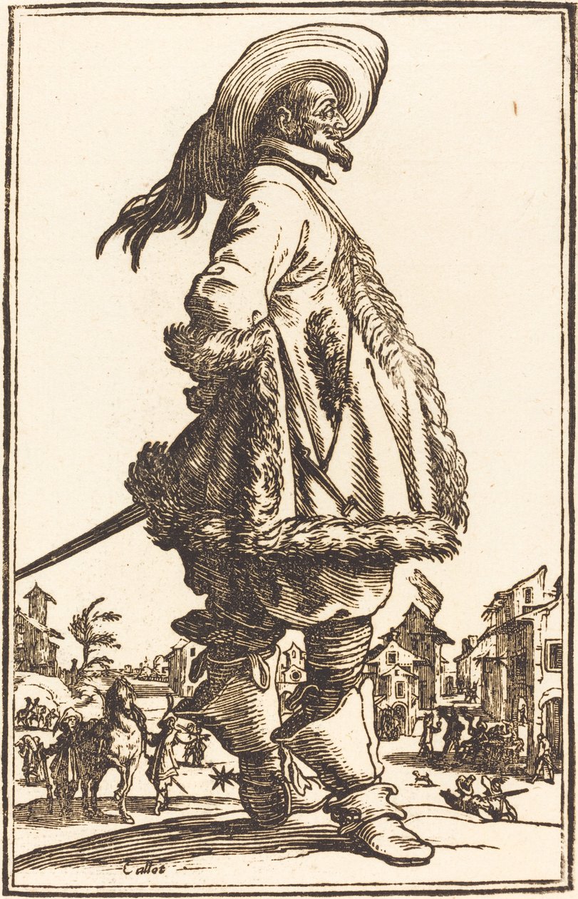 Edelman met bont afgewerkte mantel, met zijn handen achter zijn rug door After Jacques Callot