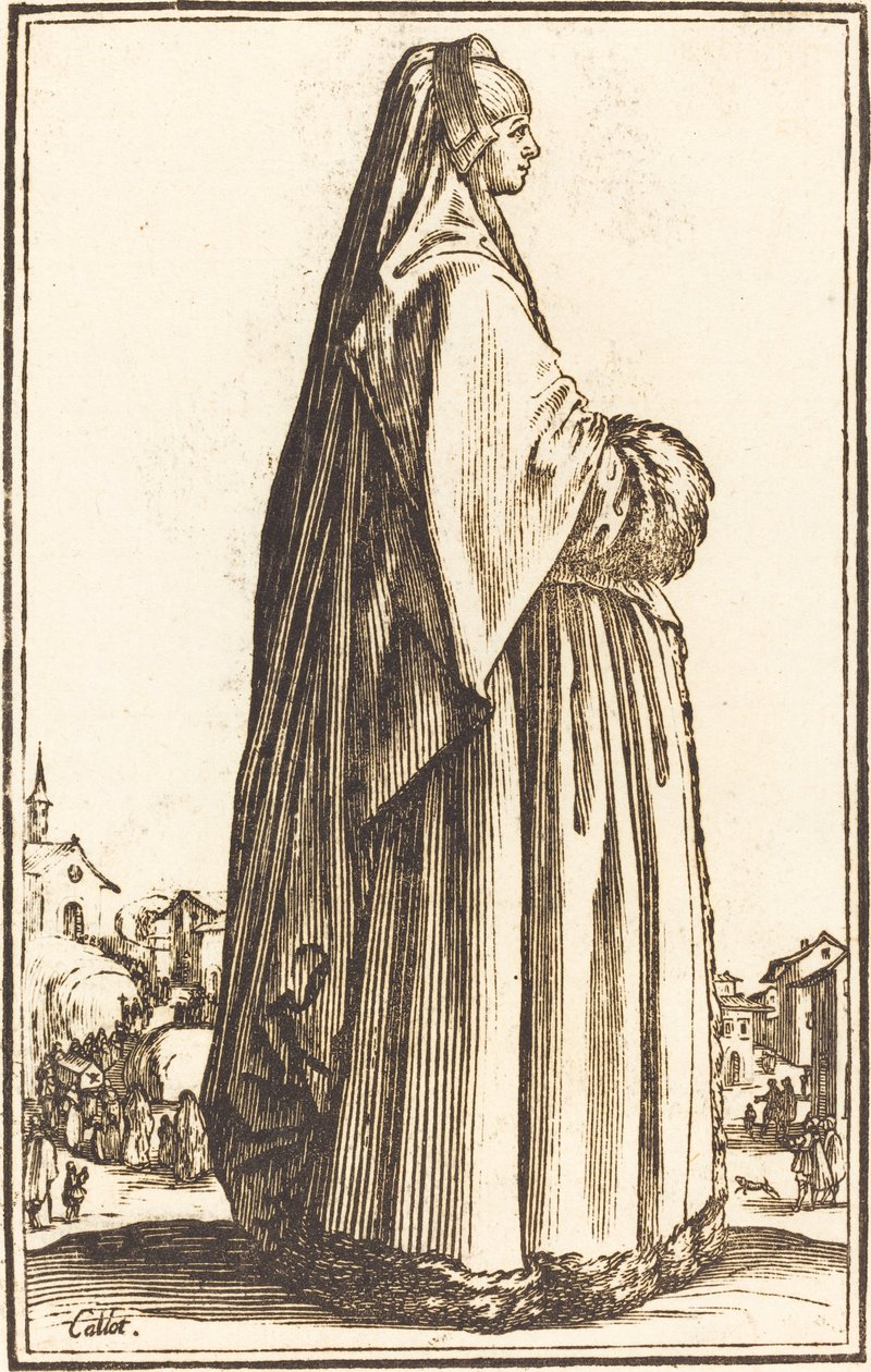 Adellijke Vrouw met een Sluier en een Jurk met Bontafwerking door After Jacques Callot