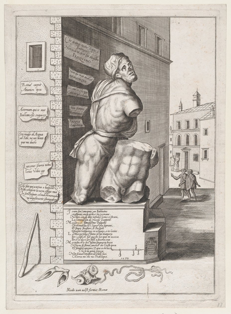 Standbeeld van Pasquin in het Huis van Kardinaal Ursino, Gepubliceerd na 1582 door After Nicolas Beatrizet.