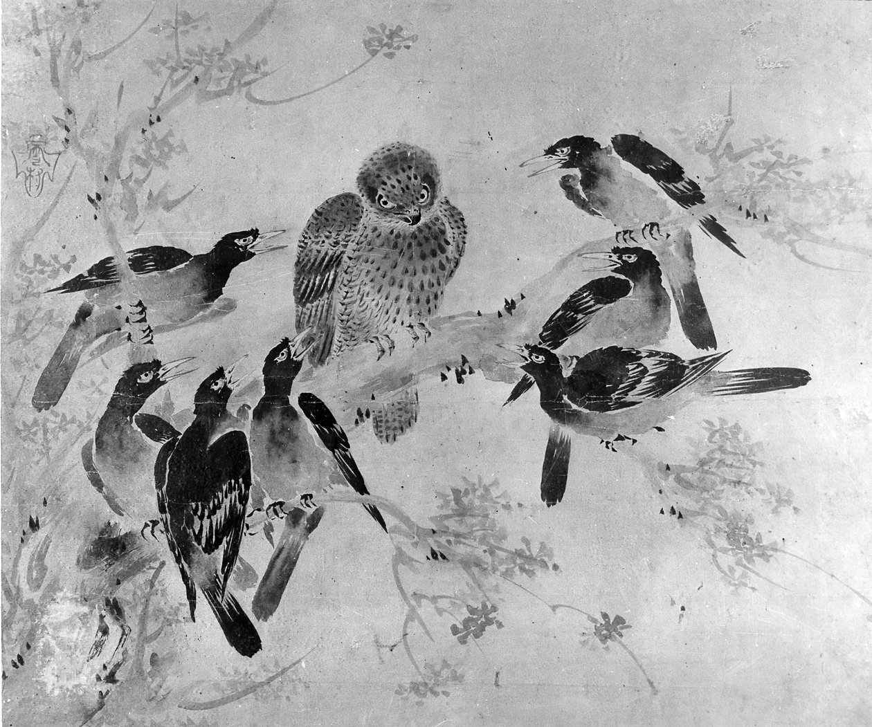 Mynah Vogels die een Uil Aanvallen, waarschijnlijk 19e eeuw door after Sesson Shūkei