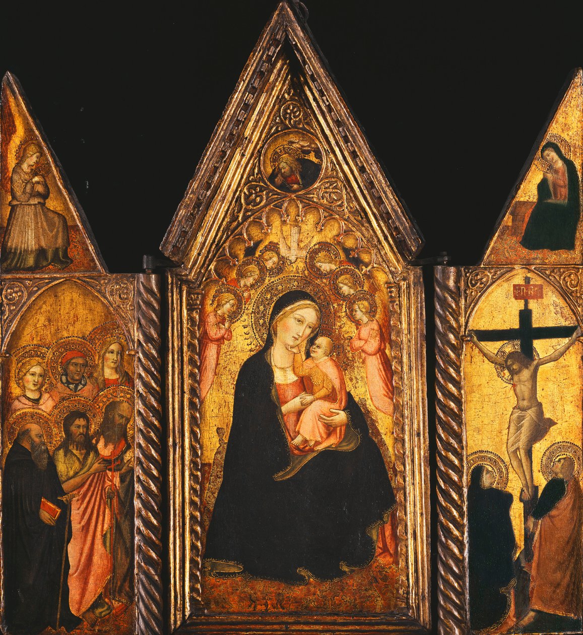 Een draagbaar drieluik met de Madonna en Kind op de troon met engelen door Agnolo Gaddi