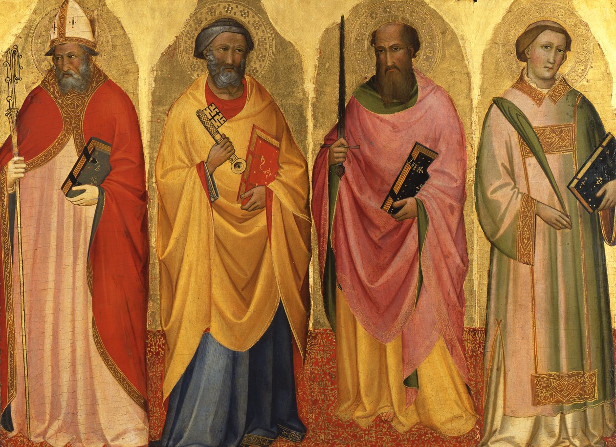 Een heilige bisschop / Sint-Pieter / Sint-Paulus / Een heilige diaken door Agnolo Gaddi