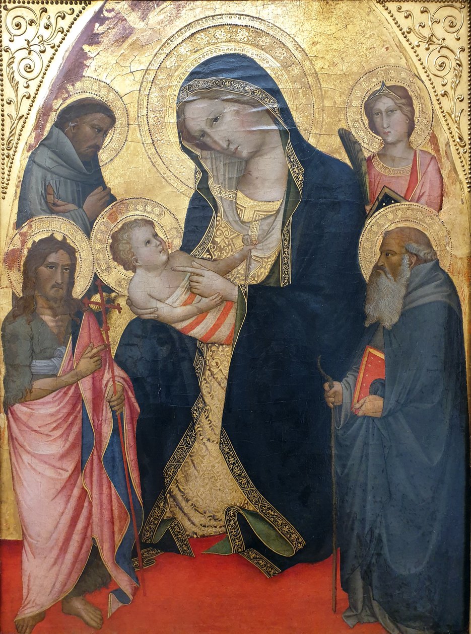 Duits: Maria mit dem Kind und den Heiligen Johannes der Täufer, Franziskus, Antonius Abbas und einer weiblichen Märtyrerin Madonna met het kind, St. Johannes de Doper, St. Franciscus en St. Antonius en een martelaar door Agnolo Gaddi
