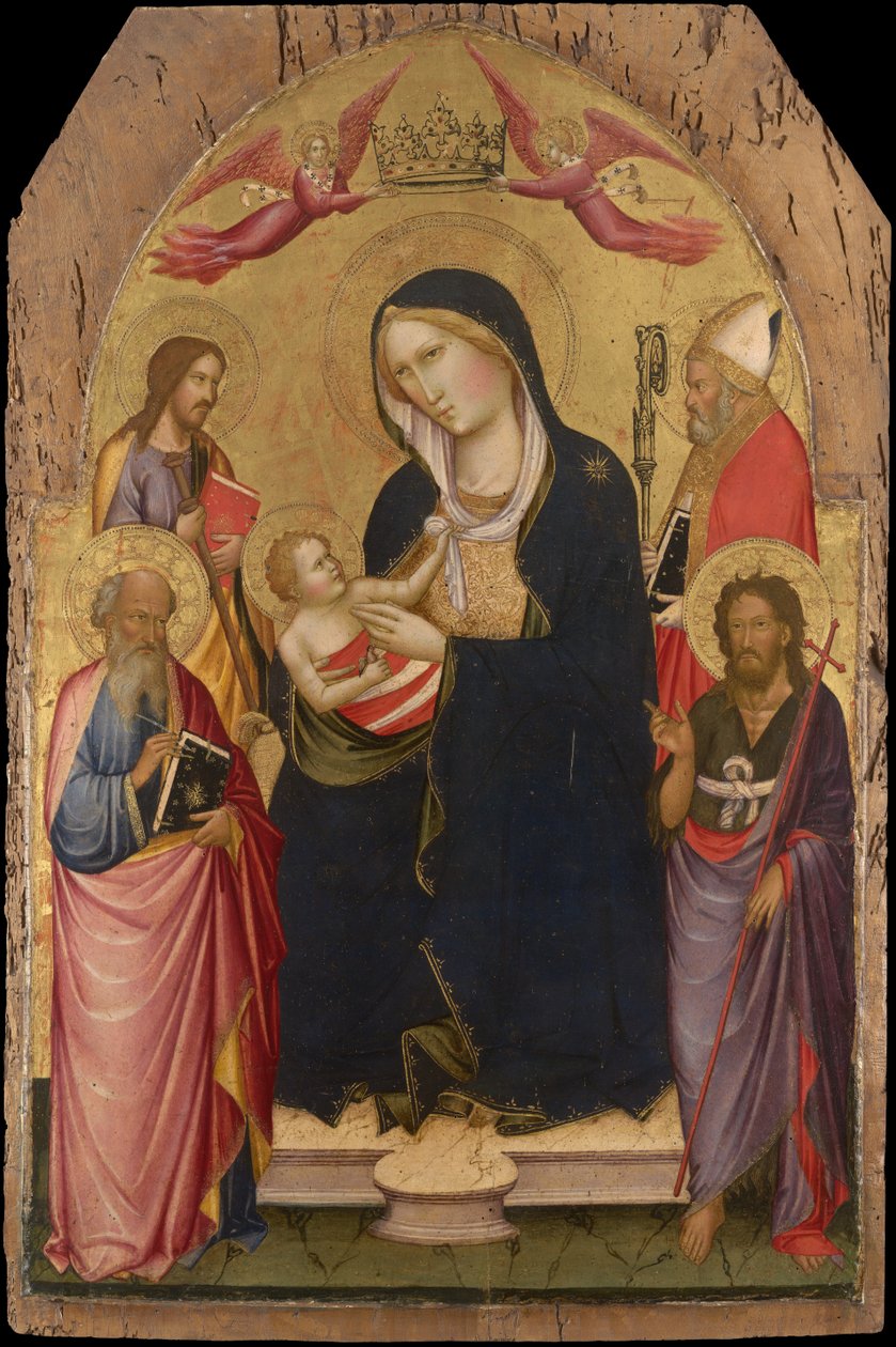 Madonna met kind met Sint-Jan de Evangelist, Sint-Jan de Doper, Sint-Jacob van Compostela en Sint-Nicolaas van Bari door Agnolo Gaddi