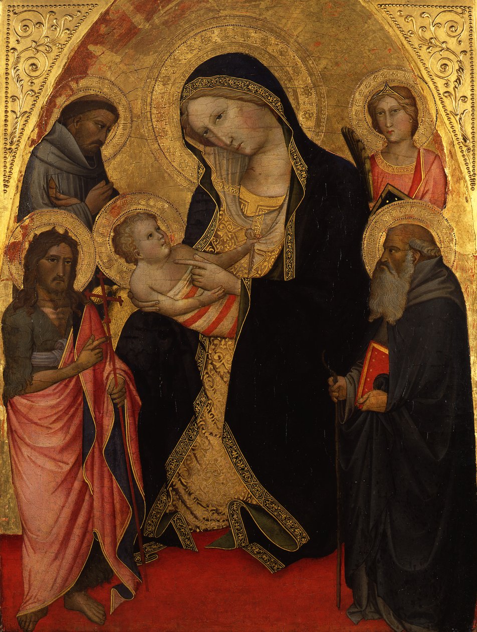 Maria met het Kind en de heiligen Johannes de Doper, Franciscus, Antonius Abt en een vrouwelijke martelaar door Agnolo Gaddi