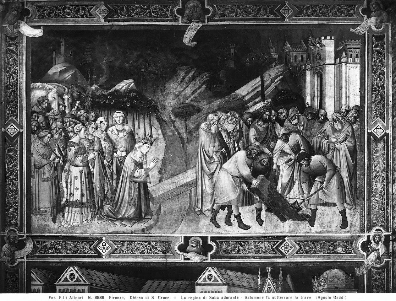 Koningin van Sheba Aanbiddend het Kruis en Salomo Begraven een van de Balken van het Kruis door Agnolo Gaddi